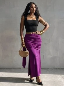 BamGlimmer Fall/ Oversized Elegant Sexy Deep Purple Stretch Knit Fabric Ribbon Bodycon Slit Skirt, Party Date Night Dinner - Purple - View 4