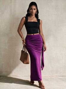 BamGlimmer Fall/ Oversized Elegant Sexy Deep Purple Stretch Knit Fabric Ribbon Bodycon Slit Skirt, Party Date Night Dinner - Purple - View 2