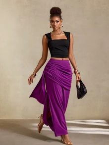 BamGlimmer Fall/ Oversized Elegant Sexy Deep Purple Stretch Knit Fabric Ribbon Bodycon Slit Skirt, Party Date Night Dinner - Purple - View 11