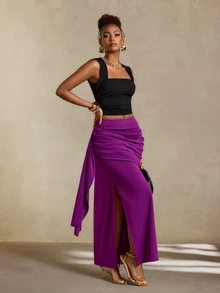 BamGlimmer Fall/ Oversized Elegant Sexy Deep Purple Stretch Knit Fabric Ribbon Bodycon Slit Skirt, Party Date Night Dinner - Purple - View 10