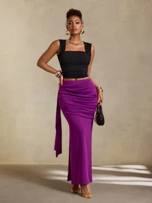 BamGlimmer Fall/ Oversized Elegant Sexy Deep Purple Stretch Knit Fabric Ribbon Bodycon Slit Skirt, Party Date Night Dinner - Purple - View 8