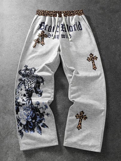 Pantaloni della tuta da uomo con stampa leopardata, patchwork, fascia in vita, stampa leopardata incrociata, lettere calligrafiche, stile street, larghi, con coulisse