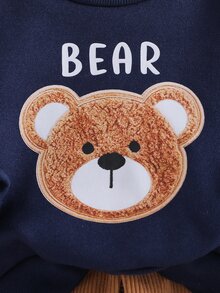 SHEIN 2件組幼兒男童衛衣＋長褲套裝，可愛海軍藍棕熊刺繡燈芯絨，長袖圓領加厚冬季假日款，寬鬆抓絨內裡 - 棕色 - 查看 6