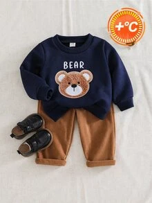 SHEIN 2件組幼兒男童衛衣＋長褲套裝，可愛海軍藍棕熊刺繡燈芯絨，長袖圓領加厚冬季假日款，寬鬆抓絨內裡 - 棕色 - 查看 3