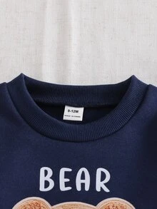 SHEIN 2件組幼兒男童衛衣＋長褲套裝，可愛海軍藍棕熊刺繡燈芯絨，長袖圓領加厚冬季假日款，寬鬆抓絨內裡 - 棕色 - 查看 4