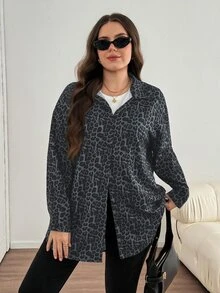 SHEIN LUNE 大尺碼秋季時尚豹紋襯衫，棕色休閒風，適合秋季正式場合與約會之夜，1960年代風格 - 深灰色 - 查看 6