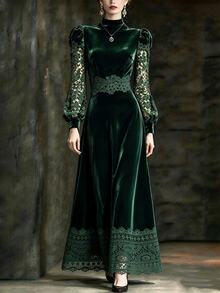 Omancia Deep Green Velvet & Lace Patchwork Dress, Suitable For Autumn/Winter Banquet, Afternoon Tea, Party Wear - Green - View 3