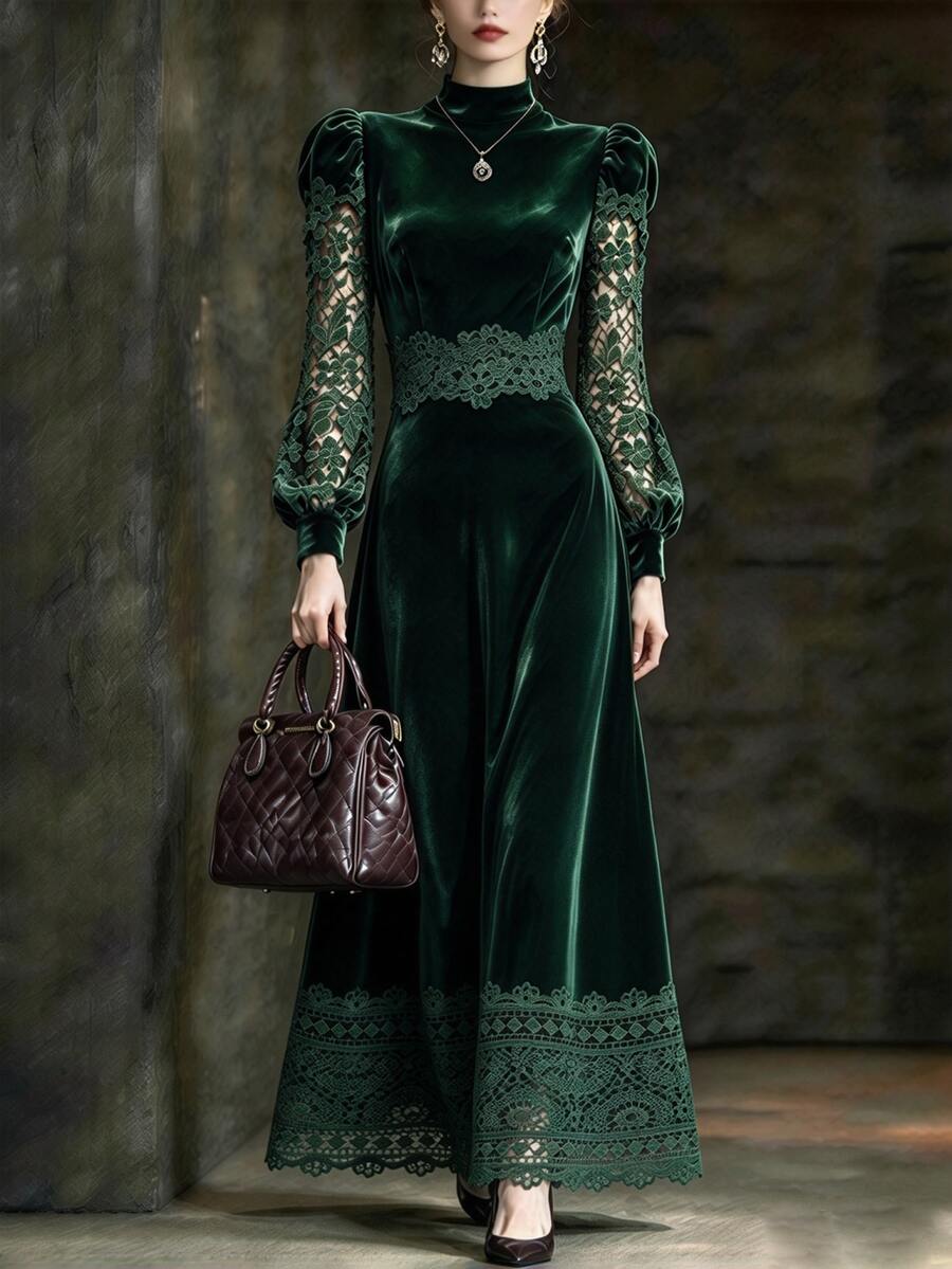 Omancia Deep Green Velvet & Lace Patchwork Dress, Suitable For Autumn/Winter Banquet, Afternoon Tea, Party Wear - Green - View 1