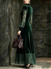 Omancia Deep Green Velvet & Lace Patchwork Dress, Suitable For Autumn/Winter Banquet, Afternoon Tea, Party Wear - Green - View 2