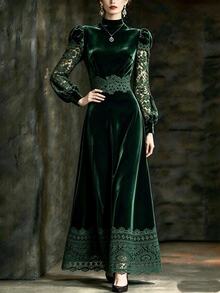 Omancia Deep Green Velvet & Lace Patchwork Dress, Suitable For Autumn/Winter Banquet, Afternoon Tea, Party Wear - Green - View 4