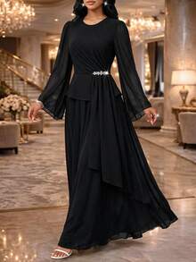 Fleurora Women's Solid Color Round Neck Long Sleeve Top And Skirt 2 Pieces Set Dinner Party Night Black Fall Elegant - Black - View 6