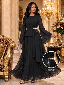 Fleurora Women's Solid Color Round Neck Long Sleeve Top And Skirt 2 Pieces Set Dinner Party Night Black Fall Elegant - Black - View 3