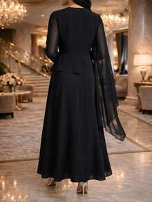 Fleurora Women's Solid Color Round Neck Long Sleeve Top And Skirt 2 Pieces Set Dinner Party Night Black Fall Elegant - Black - View 2