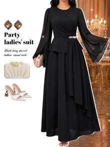 Fleurora Women's Solid Color Round Neck Long Sleeve Top And Skirt 2 Pieces Set Dinner Party Night Black Fall Elegant - Black - View 5