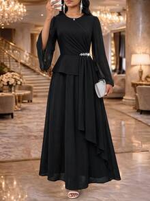 Fleurora Women's Solid Color Round Neck Long Sleeve Top And Skirt 2 Pieces Set Dinner Party Night Black Fall Elegant - Black - View 4