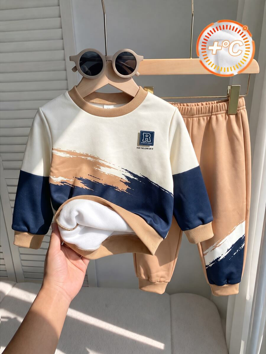 Genkimix Kids 小男孩抓絨內裡2件套套裝,厚實保暖刷筆筆觸拼色運動衫與卡其色慢跑長褲冬季運動服套裝,秋季套裝 - 彩色 - 查看 1