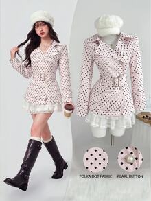 Elamini Pink Polka Dot Double Breasted Placket Belted Trench Coat Without Scarf Date Breakfast Autumn Cute Elegant - Pink - View 1