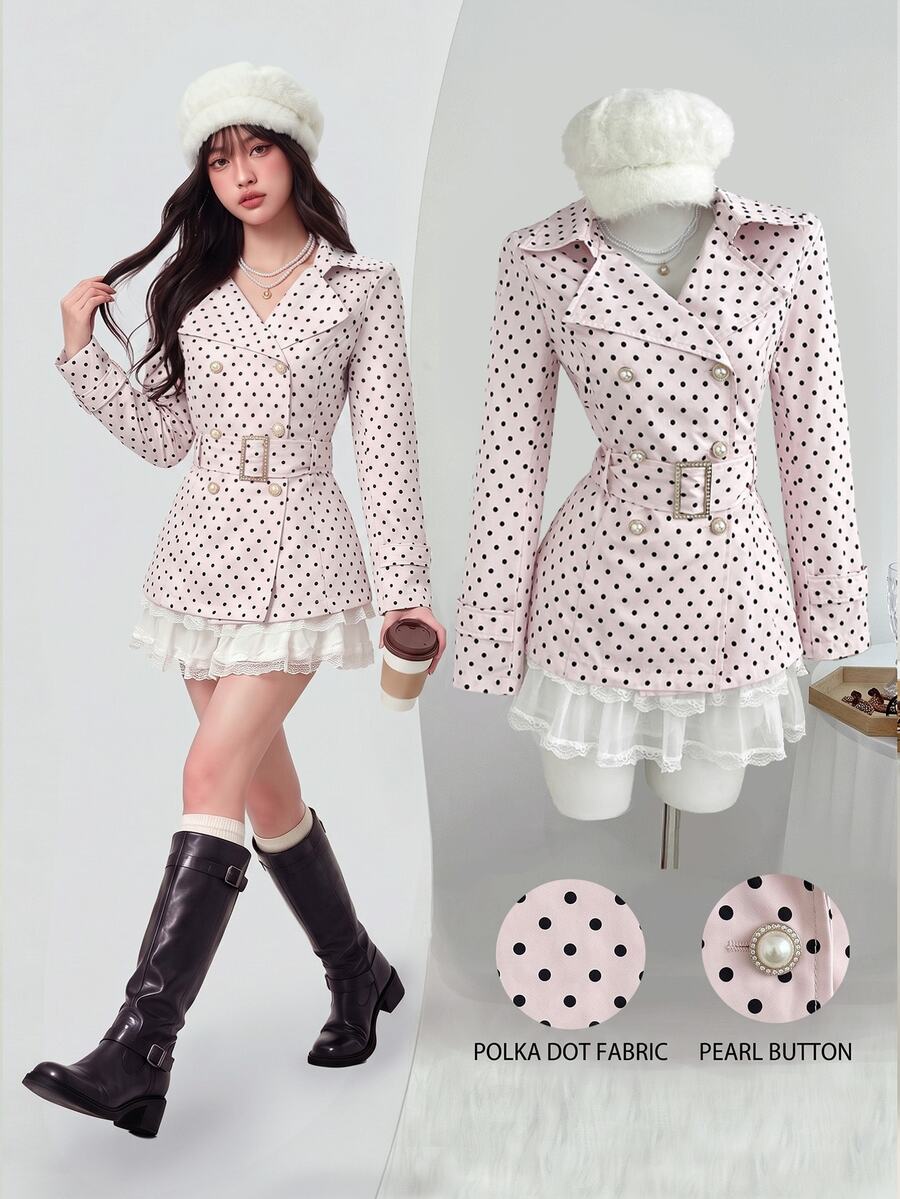 Elamini Pink Polka Dot Double Breasted Placket Belted Trench Coat Without Scarf Date Breakfast Autumn Cute Elegant - Pink - View 1