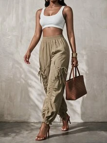 BamGleam Women's Solid Color Casual Versatile Everyday Long Pants - Khaki - View 1