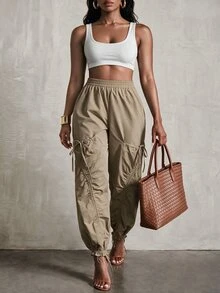 BamGleam Women's Solid Color Casual Versatile Everyday Long Pants - Khaki - View 4
