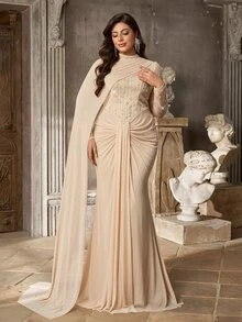 Aureia Plus Size Elegant Glamorous Sophisticated Champagne Color 3D Sequin Patchwork Elastic Mesh Cape Long Sleeve Slimming Ruched Design Mermaid Long Dress Suitable For Bachelorette Party Holiday Party Wedding Event Formal Evening Gown - Champagne - View 8