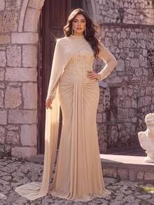 Aureia Plus Size Elegant Glamorous Sophisticated Champagne Color 3D Sequin Patchwork Elastic Mesh Cape Long Sleeve Slimming Ruched Design Mermaid Long Dress Suitable For Bachelorette Party Holiday Party Wedding Event Formal Evening Gown - Champagne - View 4