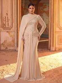 Aureia Plus Size Elegant Glamorous Sophisticated Champagne Color 3D Sequin Patchwork Elastic Mesh Cape Long Sleeve Slimming Ruched Design Mermaid Long Dress Suitable For Bachelorette Party Holiday Party Wedding Event Formal Evening Gown - Champagne - View 6