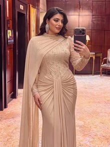 Aureia Plus Size Elegant Glamorous Sophisticated Champagne Color 3D Sequin Patchwork Elastic Mesh Cape Long Sleeve Slimming Ruched Design Mermaid Long Dress Suitable For Bachelorette Party Holiday Party Wedding Event Formal Evening Gown - Champagne - View 3