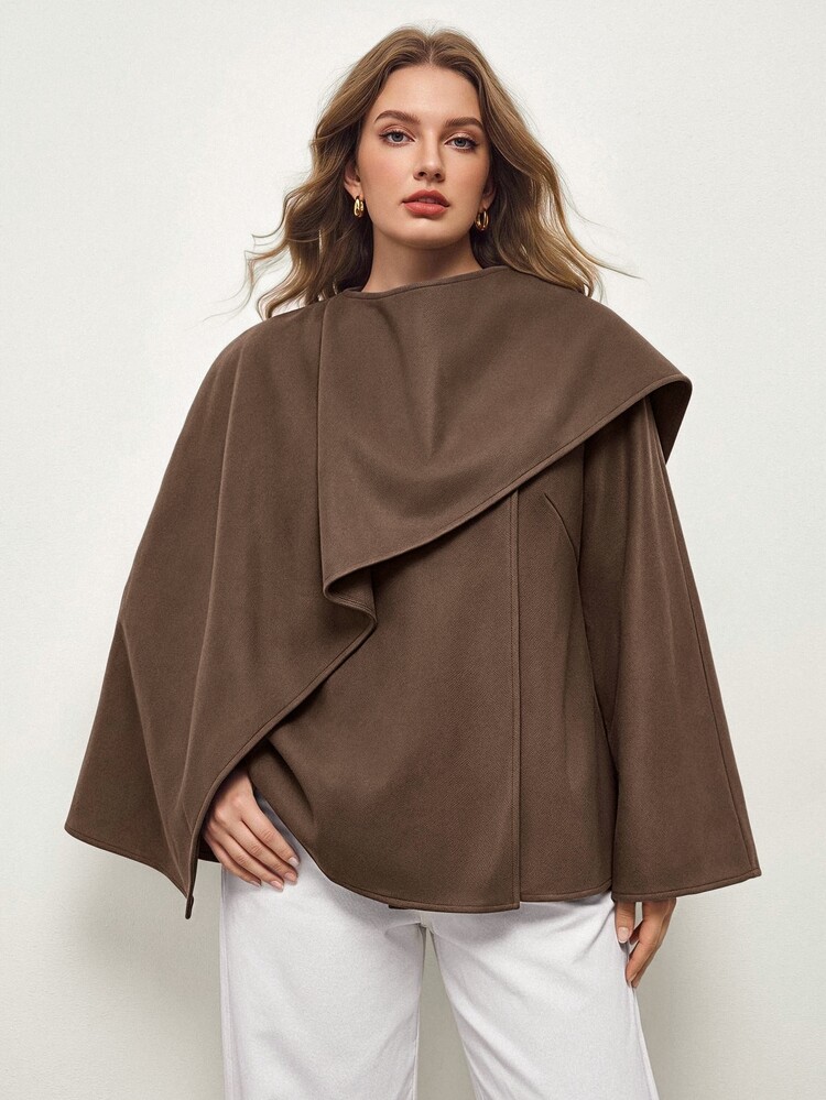 Maija Plus Size Women Casual Loose Solid Color Poncho Style Jacket In Fall/Winter - Brown - View 2