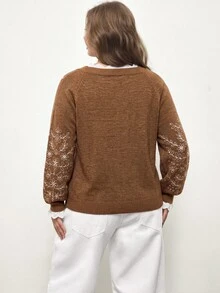 Maija Plus Size Women Floral Embroidery Raglan Sleeve Casual Loose Pullover Sweater, Autumn/Winter Fall/Winter - Camel - View 4