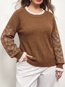 Maija Plus Size Women Floral Embroidery Raglan Sleeve Casual Loose Pullover Sweater, Autumn/Winter Fall/Winter - Camel - View 2