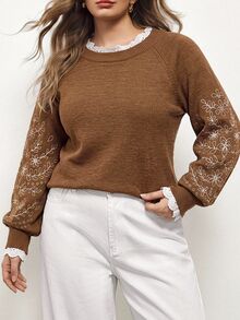 Maija Plus Size Women Floral Embroidery Raglan Sleeve Casual Loose Pullover Sweater, Autumn/Winter Fall/Winter - Camel - View 5