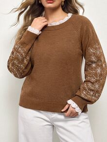 Maija Plus Size Women Floral Embroidery Raglan Sleeve Casual Loose Pullover Sweater, Autumn/Winter Fall/Winter - Camel - View 1