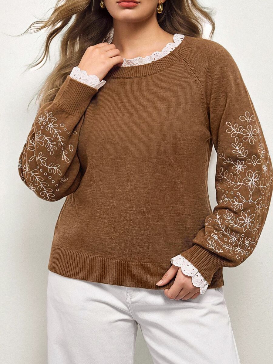 Maija Plus Size Women Floral Embroidery Raglan Sleeve Casual Loose Pullover Sweater, Autumn/Winter Fall/Winter - Camel - View 1