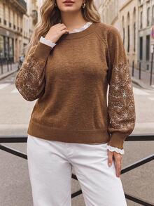 Maija Plus Size Women Floral Embroidery Raglan Sleeve Casual Loose Pullover Sweater, Autumn/Winter Fall/Winter - Camel - View 7