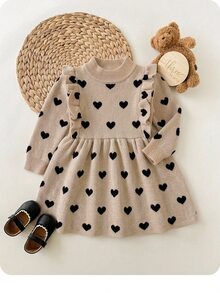 SHEIN Baby Girl Heart Jacquard Cute Ruffle Pleated Sweater Autumn Winter Dress - Khaki - View 7