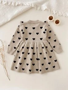 SHEIN Baby Girl Heart Jacquard Cute Ruffle Pleated Sweater Autumn Winter Dress - Khaki - View 2