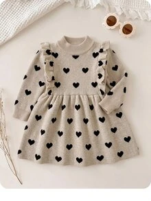 SHEIN Baby Girl Heart Jacquard Cute Ruffle Pleated Sweater Autumn Winter Dress - Khaki - View 1