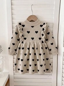 SHEIN Baby Girl Heart Jacquard Cute Ruffle Pleated Sweater Autumn Winter Dress - Khaki - View 5