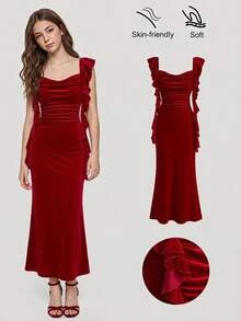 SHEIN Teen Girl Teen Girls Elegant Red Velvet Ruffle Pleated Ribbon Dress, Long Mermaid Hem, For Party, New Year, Christmas Autumn - Red - View 1