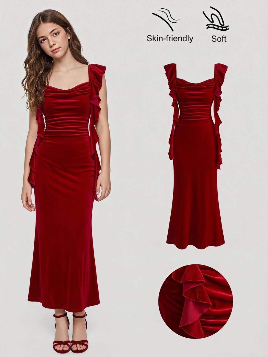 SHEIN Teen Girl Teen Girls Elegant Red Velvet Ruffle Pleated Ribbon Dress, Long Mermaid Hem, For Party, New Year, Christmas Autumn - Red - View 1