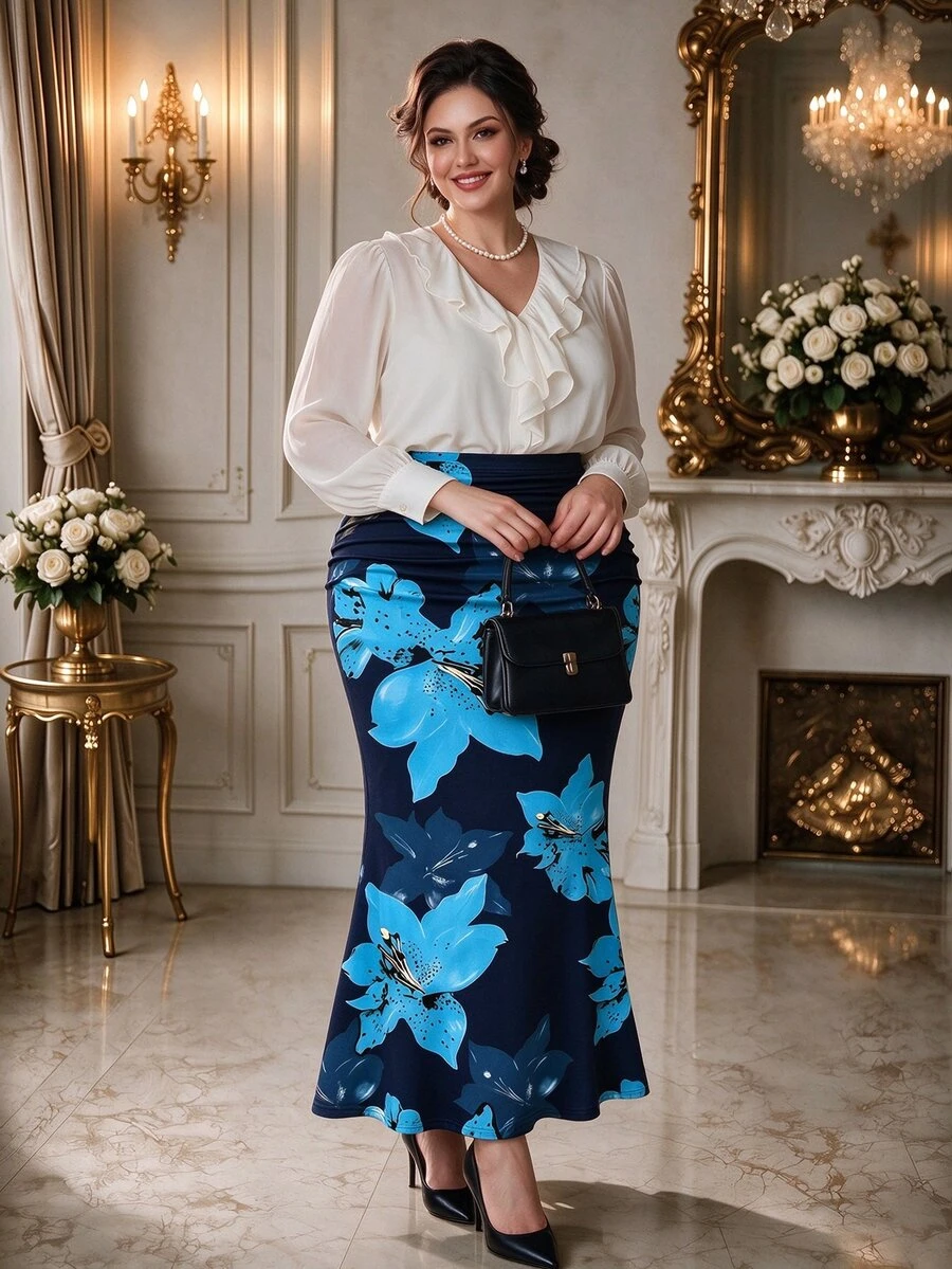 DreamSkyne Large Floral Print Elastic Bodycon Mermaid Skirt, New French Style Elegant Sexy Versatile For Women, Design-Driven Mature Fall Party Cocktail - Blue - View 1