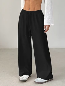 SHEIN PETITE Women's Solid Color Drawstring Waist Soft Knit Loose Casual Pants, Fall/Winter , Baggy Pants ,Petite Women - Black - View 7