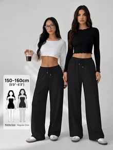 SHEIN PETITE Women's Solid Color Drawstring Waist Soft Knit Loose Casual Pants, Fall/Winter , Baggy Pants ,Petite Women - Black - View 3