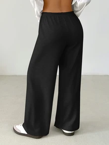 SHEIN PETITE Women's Solid Color Drawstring Waist Soft Knit Loose Casual Pants, Fall/Winter , Baggy Pants ,Petite Women - Black - View 2