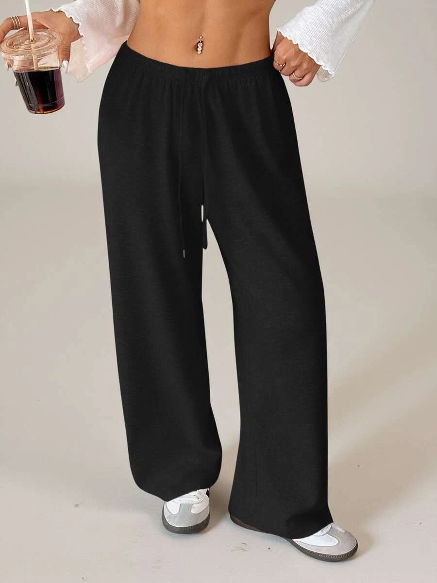SHEIN PETITE Women's Solid Color Drawstring Waist Soft Knit Loose Casual Pants, Fall/Winter , Baggy Pants ,Petite Women - Black - View 1