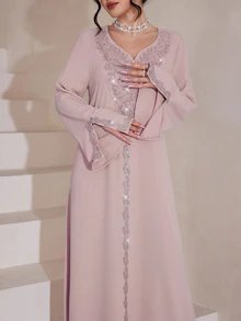 Al Najma Luxurious Embroidered & Beaded Loose Long Sleeve Split Maxi Dress, Turkish & Arabic Traditional Style - Pink - View 8