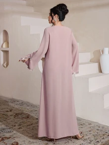 Al Najma Luxurious Embroidered & Beaded Loose Long Sleeve Split Maxi Dress, Turkish & Arabic Traditional Style - Pink - View 2
