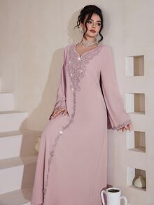 Al Najma Luxurious Embroidered & Beaded Loose Long Sleeve Split Maxi Dress, Turkish & Arabic Traditional Style - Pink - View 4