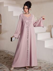 Al Najma Luxurious Embroidered & Beaded Loose Long Sleeve Split Maxi Dress, Turkish & Arabic Traditional Style - Pink - View 7